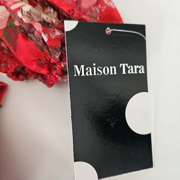 Maison Tara Womens Size 10 Red Floral Long Sheer Sleeve Tiered Ruffle Mini Dress - Picture 10 of 12